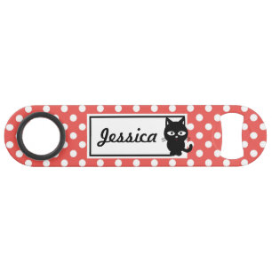 Red Polka Dot and Black Cat Personalized Speed Flessenopener