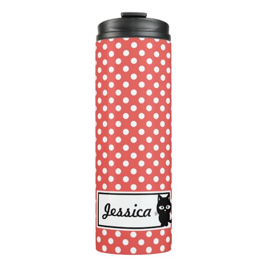 Red Polka Dot and Black Cat Personalized Thermosbeker (Voorkant)