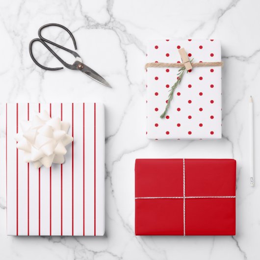Red Polka Dot en Striped en Solid Inpakpapier Vel (Voorkant)