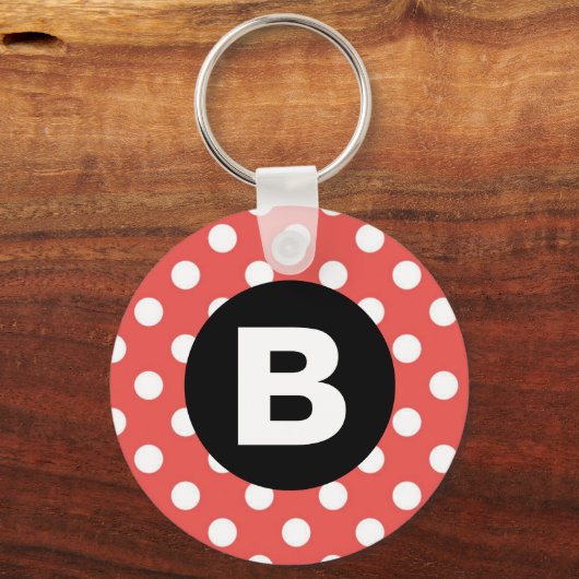 Red Polka Dot Pattern Black Monogram Sleutelhanger (Voorkant)