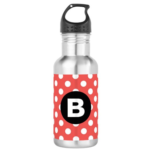 Red Polka Dot Pattern Black Monogram Waterfles (Voorkant)