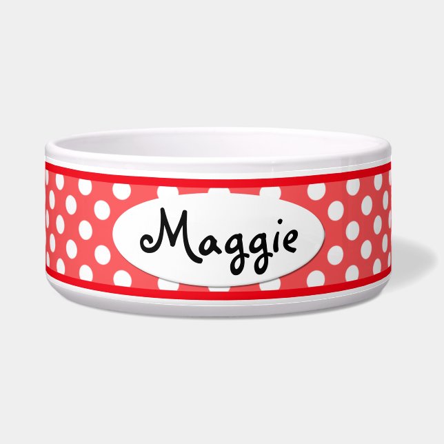 Red Polka Dot Specialized Ceramic Dog Bowl Voerbakje (Voorkant)