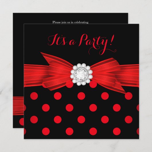Red Polka Dots Diamond Bow Black Kaart (Voorkant / Achterkant)