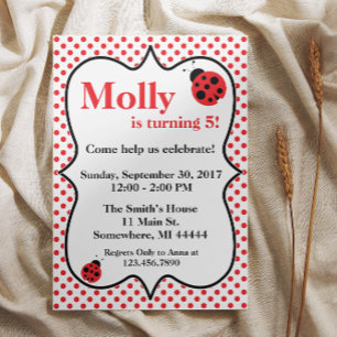 Red Polkadot Ladybug Birthday Party Invitation Kaart