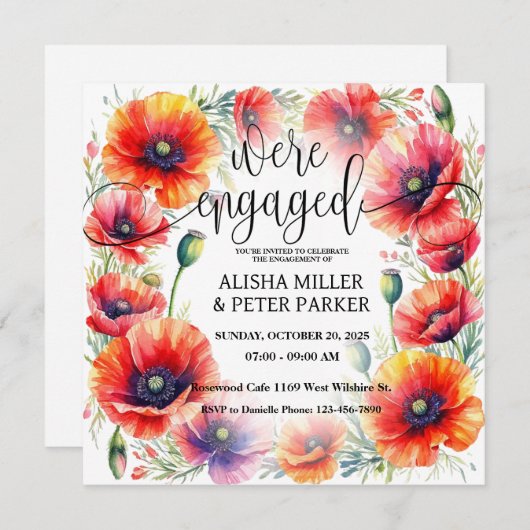 Red Poppie Waterverf Engagement Party Invitation Save The Date (Voorkant / Achterkant)
