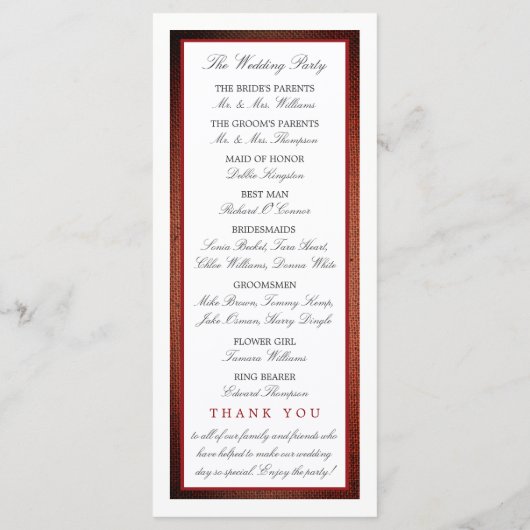 Red Poppies and Burlap Wedding Programme Programma (Achterkant)