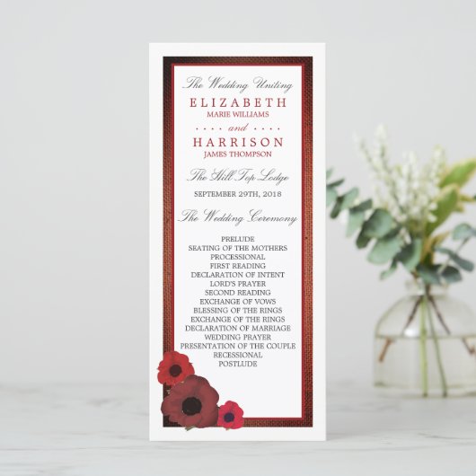 Red Poppies and Burlap Wedding Programme Programma (Staand voorkant)