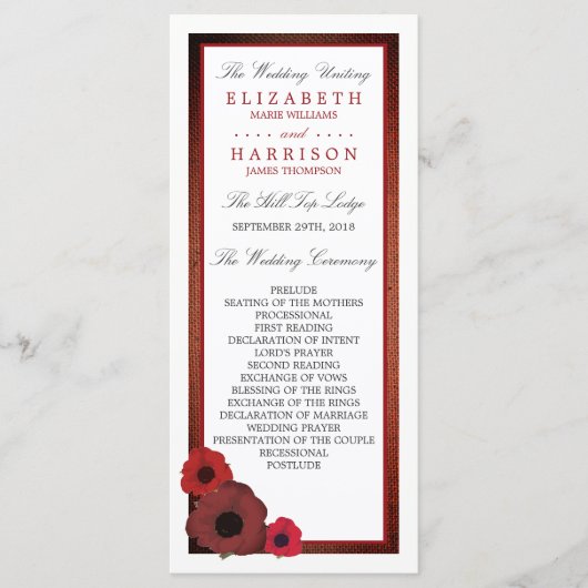 Red Poppies and Burlap Wedding Programme Programma (Voorkant)
