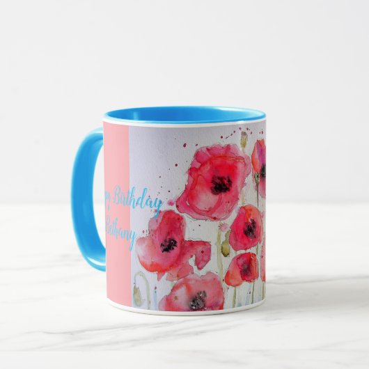 Red Poppies Aquarel Dames Naam Mok blauw (Voorkant links)