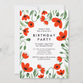 Red Poppies Birthday party Invitation Kaart (Voorkant)