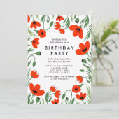 Red Poppies Birthday party Invitation Kaart (Staand voorkant)