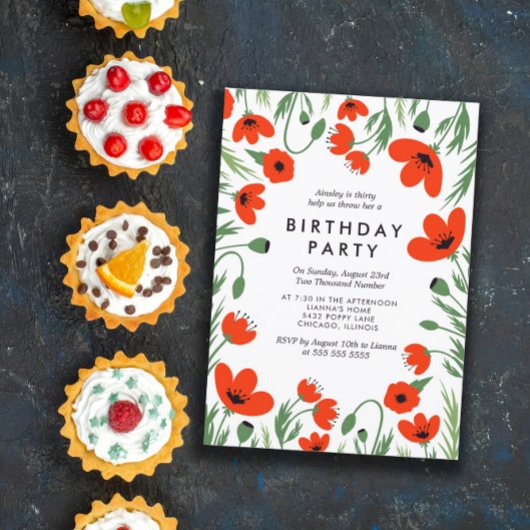 Red Poppies Birthday party Invitation Kaart