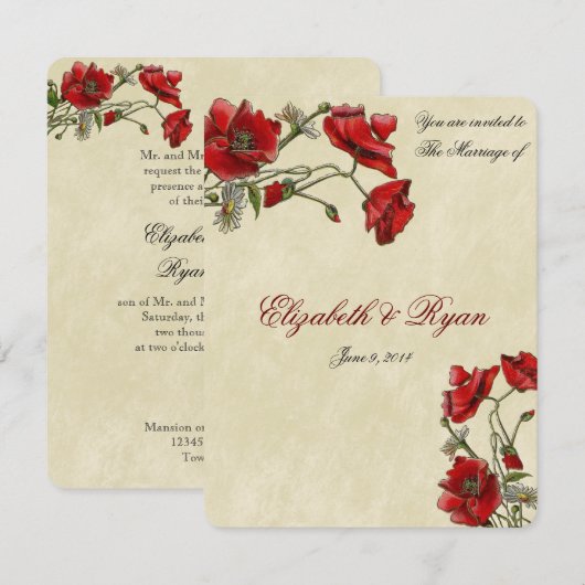 Red Poppies, Élégante invitation de mariage (Devant / Derrière)