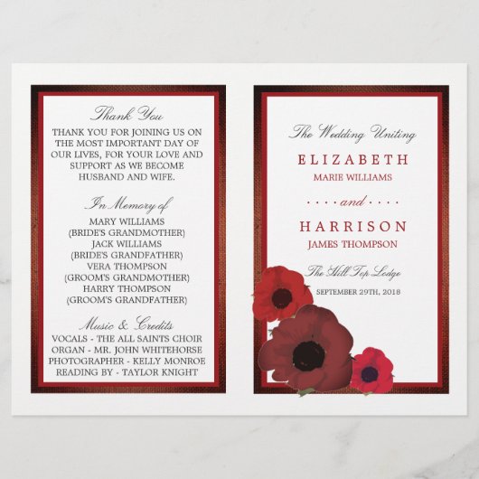 Red Poppies et Burlap Mariage Programme biné (Devant)