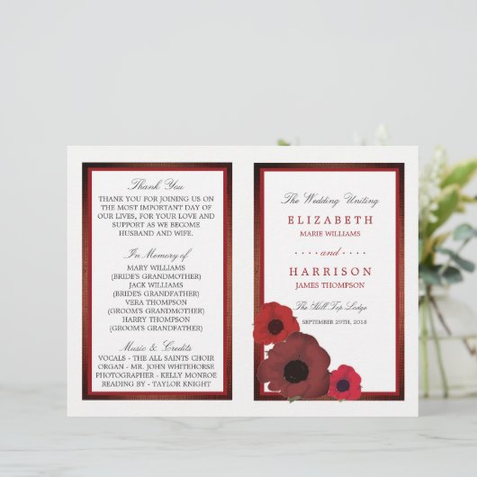 Red Poppies et Burlap Mariage Programme biné (Debout devant)