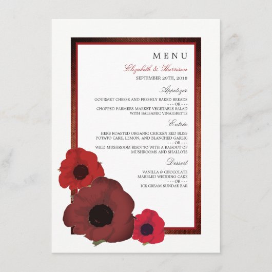 Red Poppies et Burlap Menu Mariage (Devant)