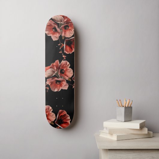Red Poppies Flowers Black Skateboard (Muurkunst)