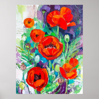 Red Poppies Impasto Oil Painting Style  Poster