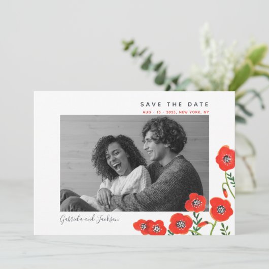 Red poppies moderne bloemetjesbruiloft redt datum save the date (Staand voorkant)