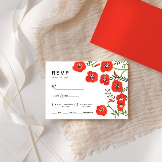 Red poppies moderne mariage floral carte RSVP