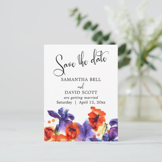 Red Poppies, Paarse Iris Waterverf Save the Date Aankondigingskaart (Staand voorkant)