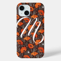 RED POPPIES Poppy Floral Blavk White Monogram