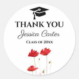 Red Poppies Rustic Floral Afstuderen Dank u Ronde Sticker