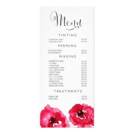 Red Poppies Spa Salon Beauticier Menu Prix Liste (Devant)