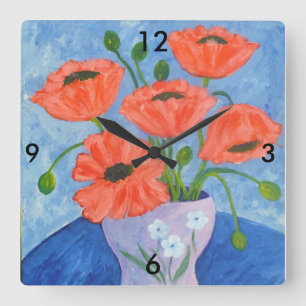 Red Poppies Wall Clock Vierkante Klok