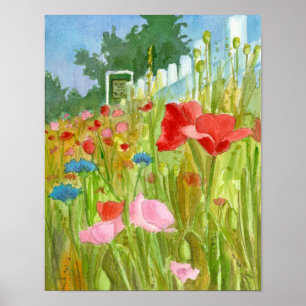 Red Poppies Waterverf Flowers Picket Fence Poster