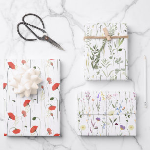 Red Poppy And Green Leaves Purple Flowers Patterns Inpakpapier Vel