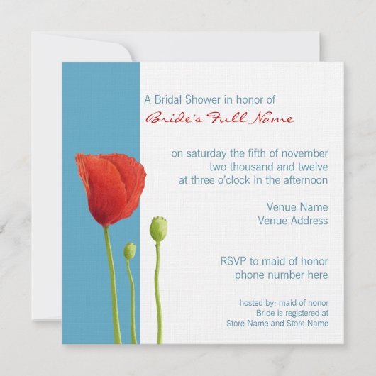 Red Poppy aqua Bridal Shower Kaart (Voorkant)
