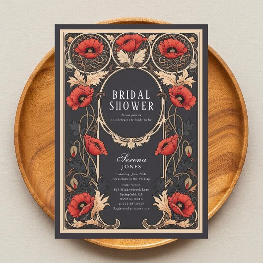 Red Poppy Art Nouveau Bridal Douche Invitation
