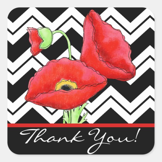 Red Poppy Black & White Bedankt Chevron Zizzag Vierkante Sticker (Voorkant)