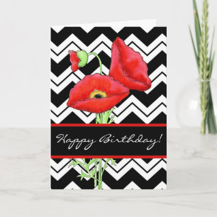 Red Poppy Black & White Zizzag Chevron Birthday Kaart