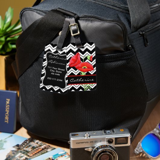Red Poppy Black White Zizzag Chevron Custom Bagagelabel (Voorkant /achterkant)