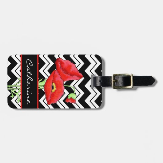 Red Poppy Black White Zizzag Chevron Custom Bagagelabel (Voorkant horizontaal)