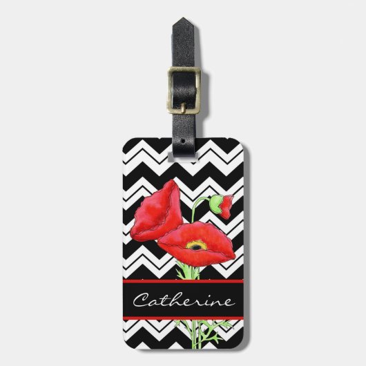 Red Poppy Black White Zizzag Chevron Custom Bagagelabel (Voorkant verticaal)