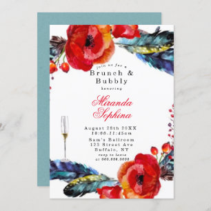 Red Poppy Boho Feathers Brunch & Bubble Invite Kaart