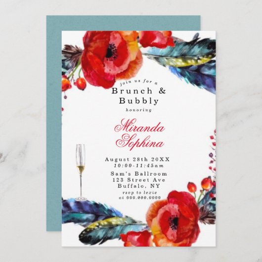 Red Poppy Boho Feathers Brunch & Bubbly Invitation (Devant / Derrière)