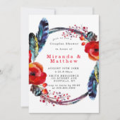 Red Poppy Boho Feathers Couples Douche Invitation (Devant)