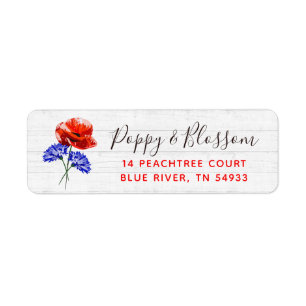 Red Poppy & Cornflower Rustic Wood Return Address Etiket