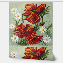 Red Poppy & Daisy Floral Wallpaper Behang