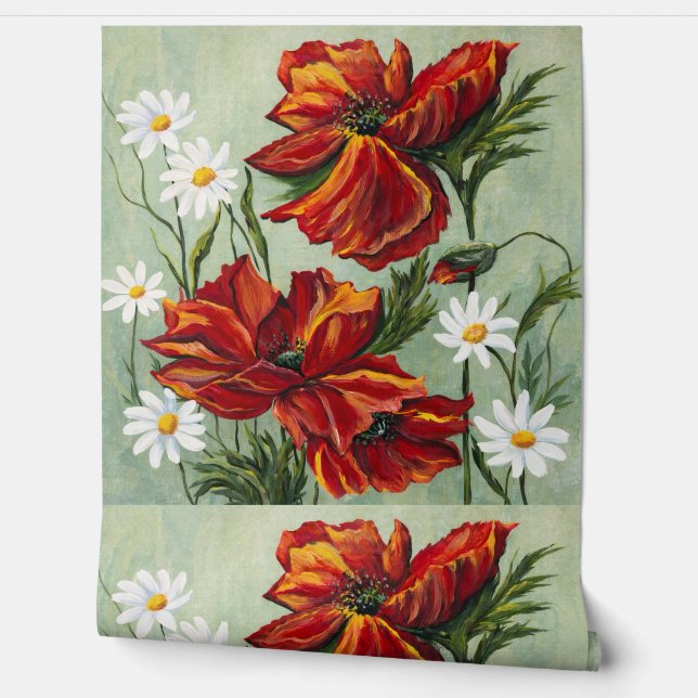 Red Poppy & Daisy Floral Wallpaper Behang (Afrollen)