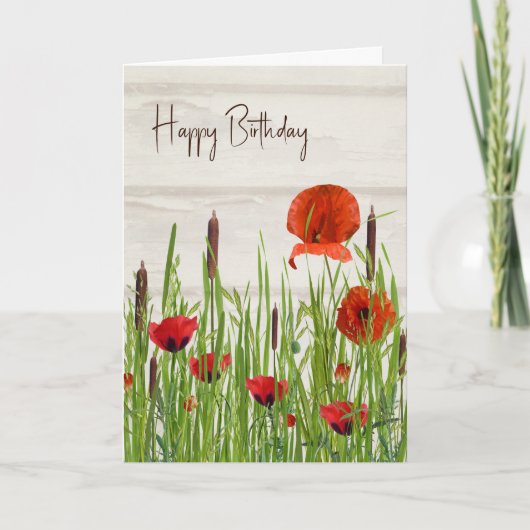 Red Poppy en Cattails Birthday Kaart (Voorkant)