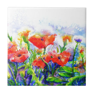 Red Poppy Fields - waterverf bloemschilderij Tegeltje