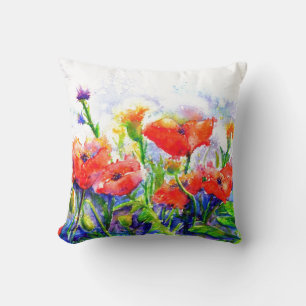 Red Poppy Fields waterverf floral schilderij Kussen