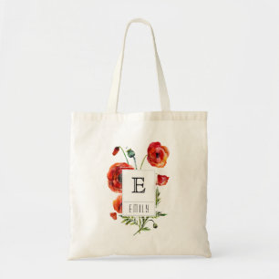 Red Poppy Floral Monogram Aangepaste Canvas tas
