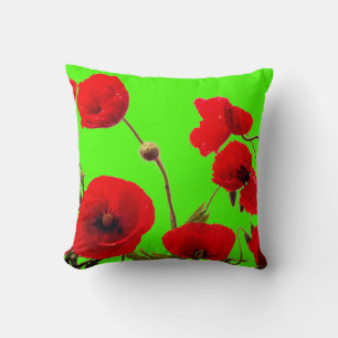 Red Poppy Flower kleurful Bright Neon Green Floral Kussen