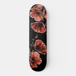 Red Poppy Flowers Black Skateboard